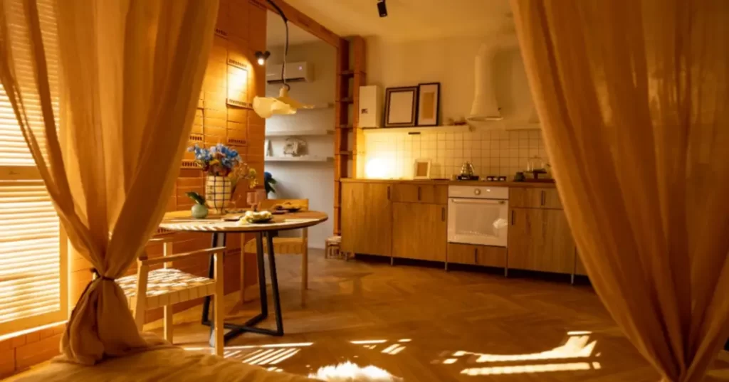 Cozinha acolhedora com mesa posta e cortinas abertas, iluminada por luz natural.