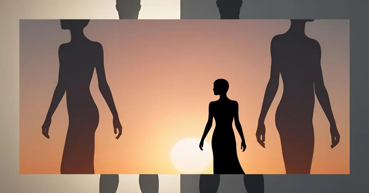 Silhuetas humanas lado a lado com fundo alaranjado, representando luz e sombra em equilíbrio.