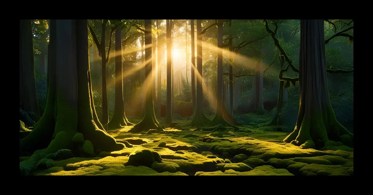 Raios de sol atravessam uma floresta densa, iluminando o chão coberto de musgo entre as árvores altas.