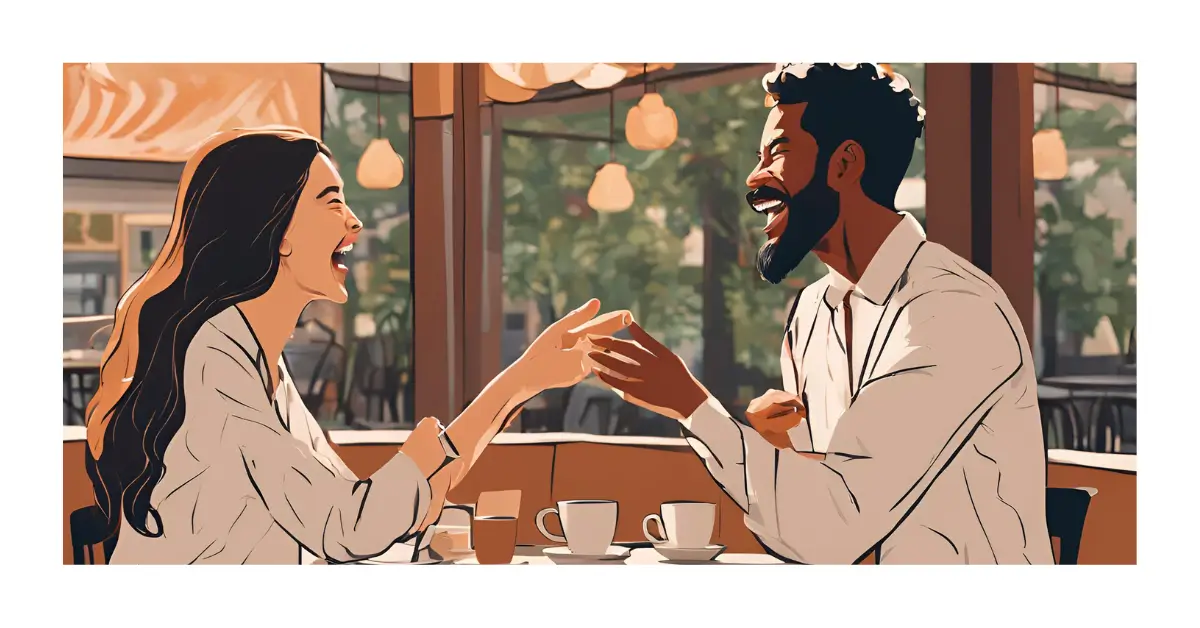 Duas pessoas sorrindo e se conectando em uma conversa, simbolizando empatia e compreensão genuína.