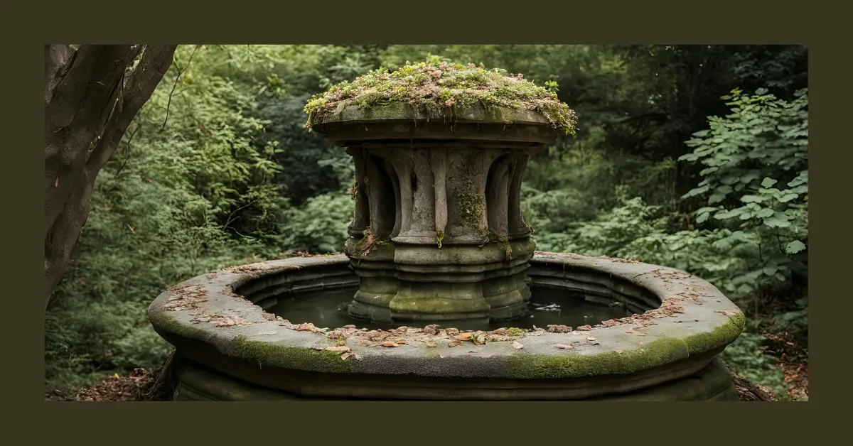 Fonte de pedra coberta de musgo em uma floresta, simbolizando o acúmulo de camadas que impedem de viver a essência humana.