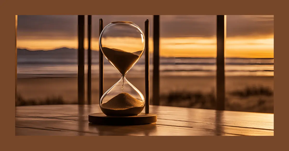 Ampulheta em uma mesa ao entardecer, simbolizando a consciência do tempo e a transformação através das escolhas.