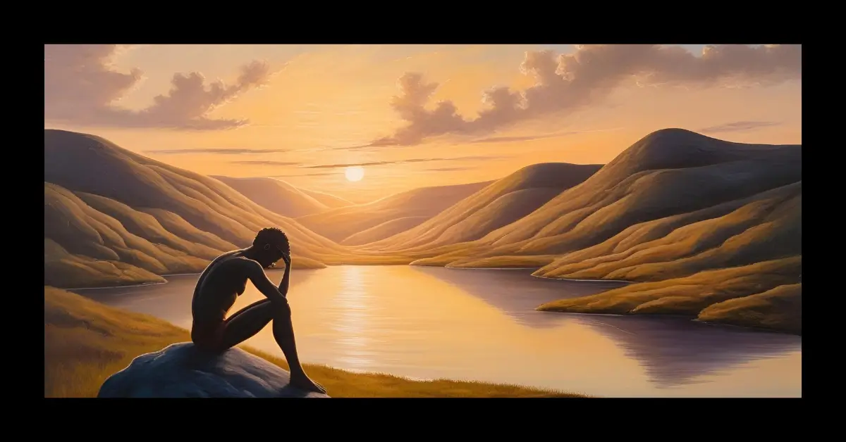 Pessoa sentada sozinha sobre uma pedra, olhando pensativa para o horizonte ao pôr do sol, cercada por montanhas e um lago calmo.