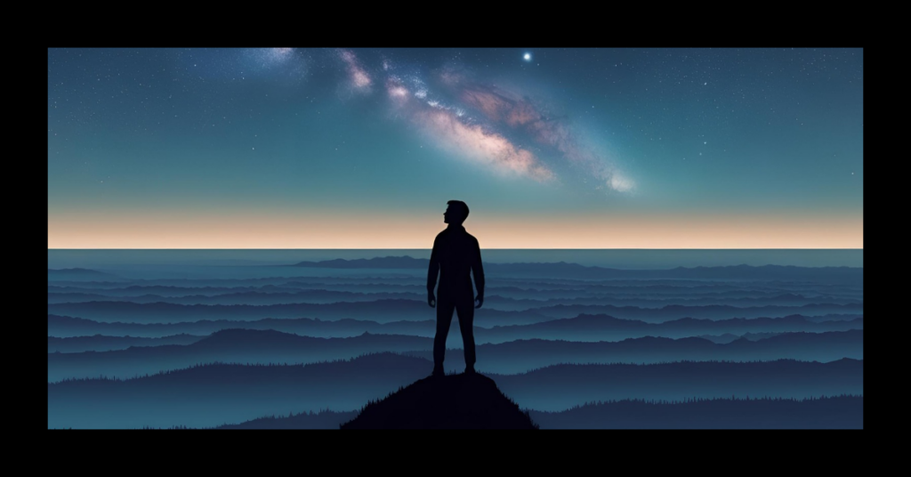 Pessoa em pé sobre uma montanha, braços relaxados ao lado do corpo, contemplando um céu estrelado acima de um mar calmo ao entardecer. Simboliza o medo e a coragem de ser quem se é.
