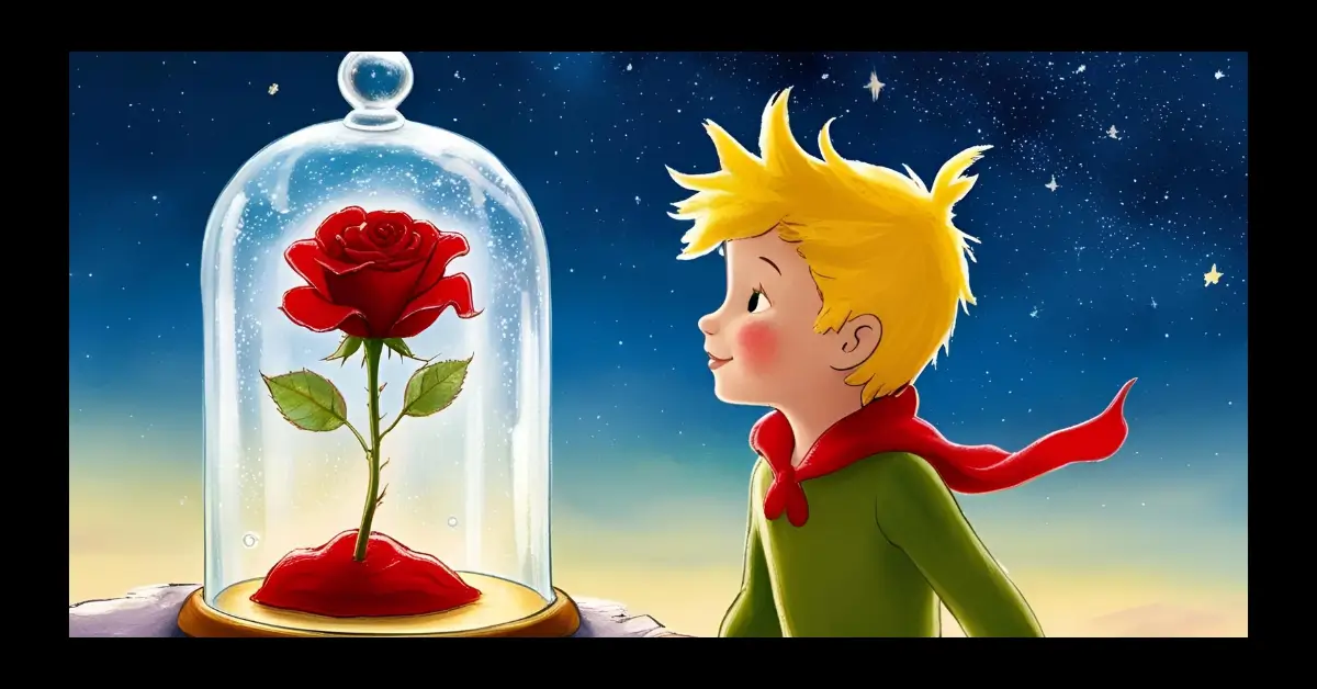 Pequeno Príncipe observando uma rosa protegida por uma redoma de vidro.