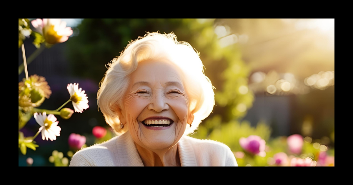 Mulher idosa sorrindo ao ar livre em meio a flores e luz suave