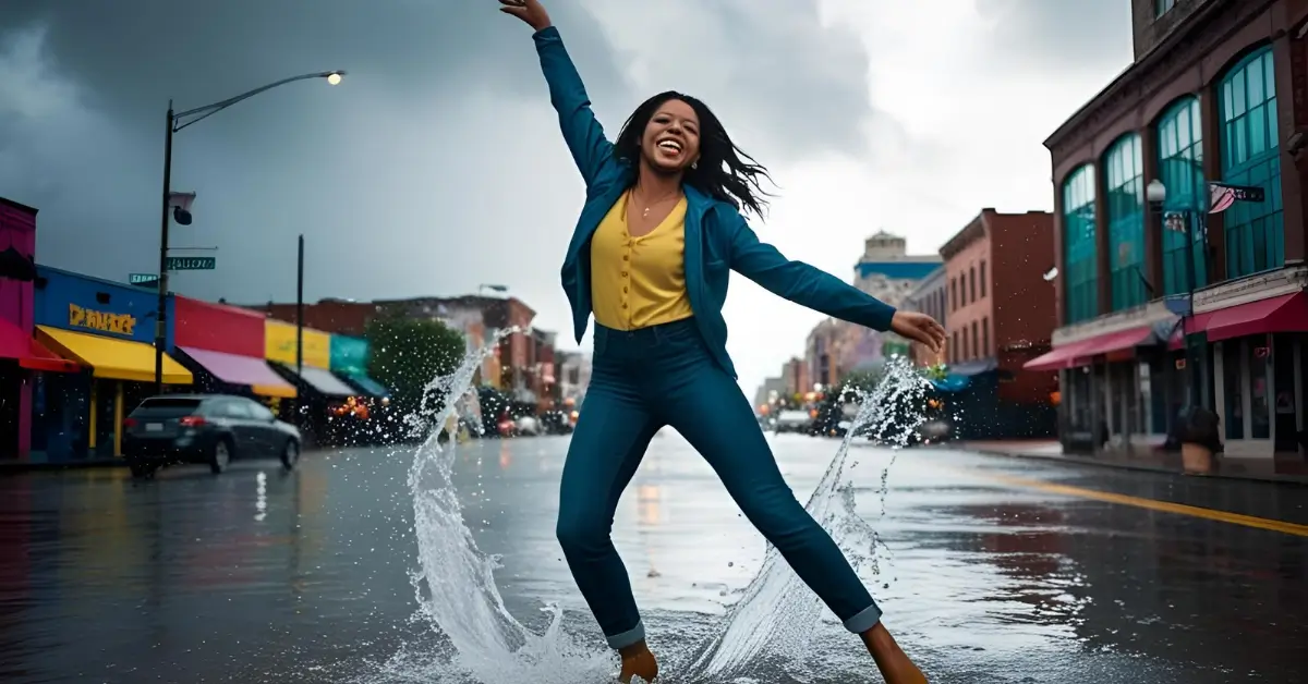Mulher sorridente salta em uma rua molhada, espalhando água com os pés, em um momento de expressão livre e autêntica sob um céu nublado.