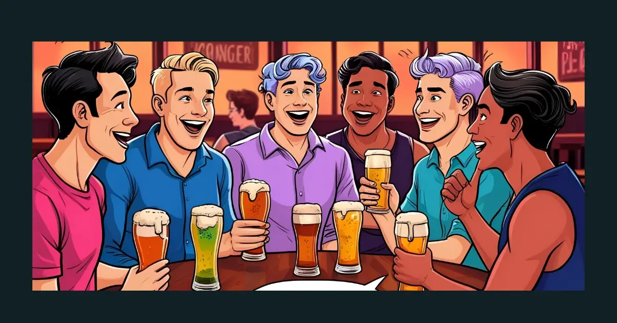 Grupo de amigos rindo e conversando em uma mesa de bar com cervejas