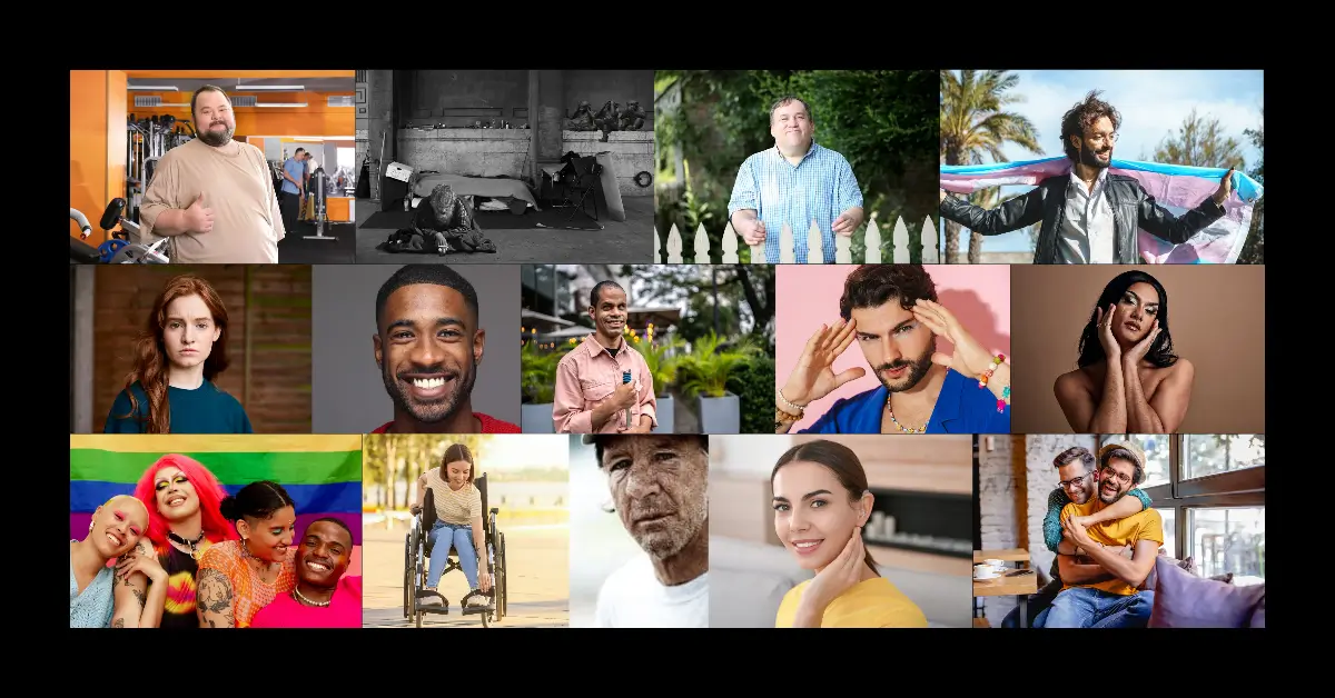 Diversidade humana representada por pessoas de diferentes origens, identidades e expressões.