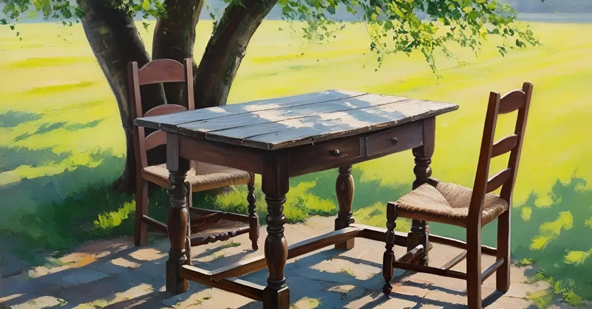 Mesa de madeira antiga sob uma árvore, com duas cadeiras vazias.