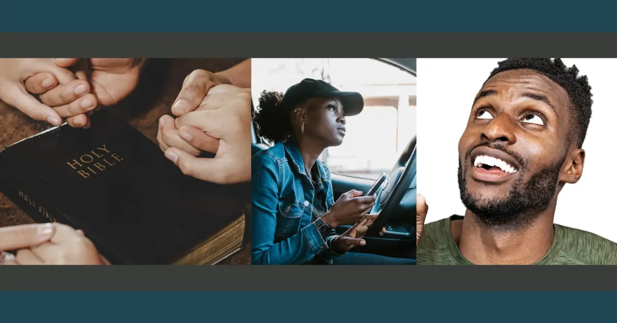 Montagem com três imagens: mãos dadas em oração sobre uma Bíblia, uma mulher pensativa dentro de um carro e um homem sorrindo olhando para cima.