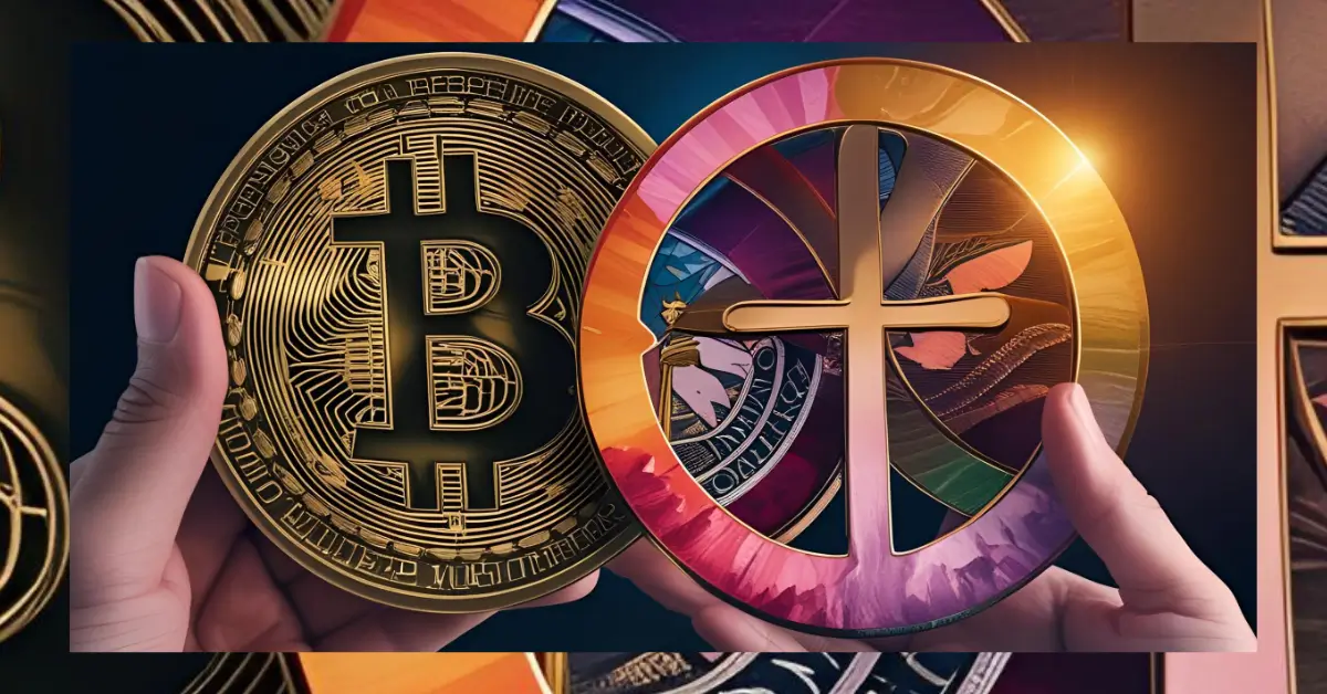 Duas mãos segurando moedas simbólicas: uma representando o Bitcoin e outra com uma cruz colorida, simbolizando a união entre espiritualidade e vida financeira.