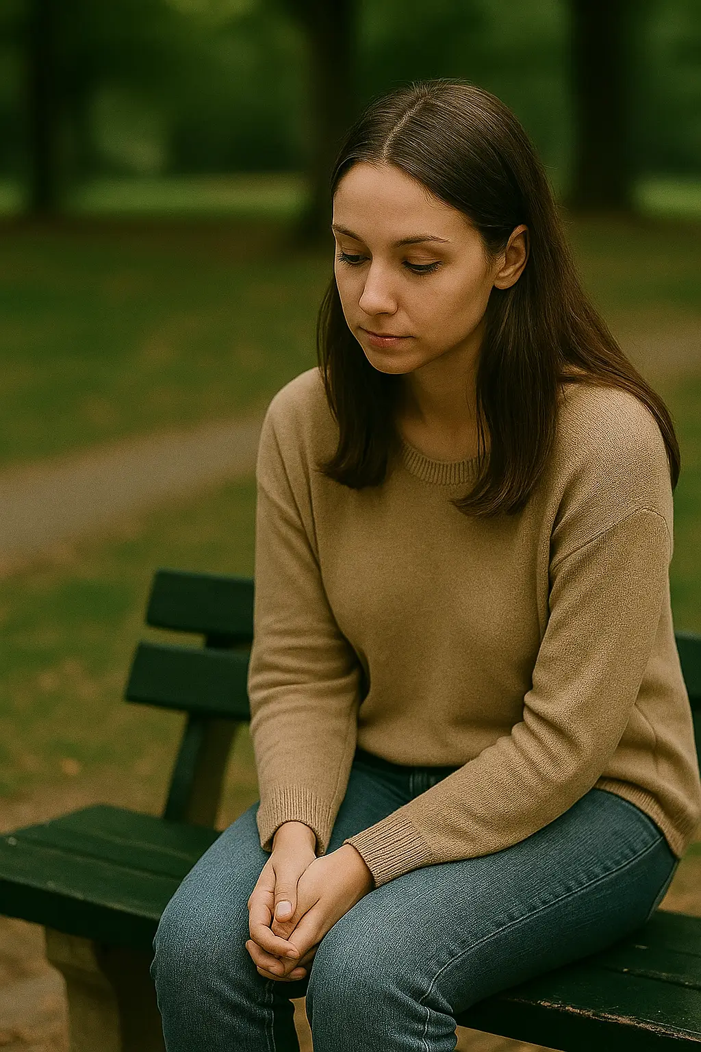 Jovem mulher com expressão introspectiva, sentada em um banco de praça, olhando para o chão, representando o despertar silencioso de um relacionamento lésbico.