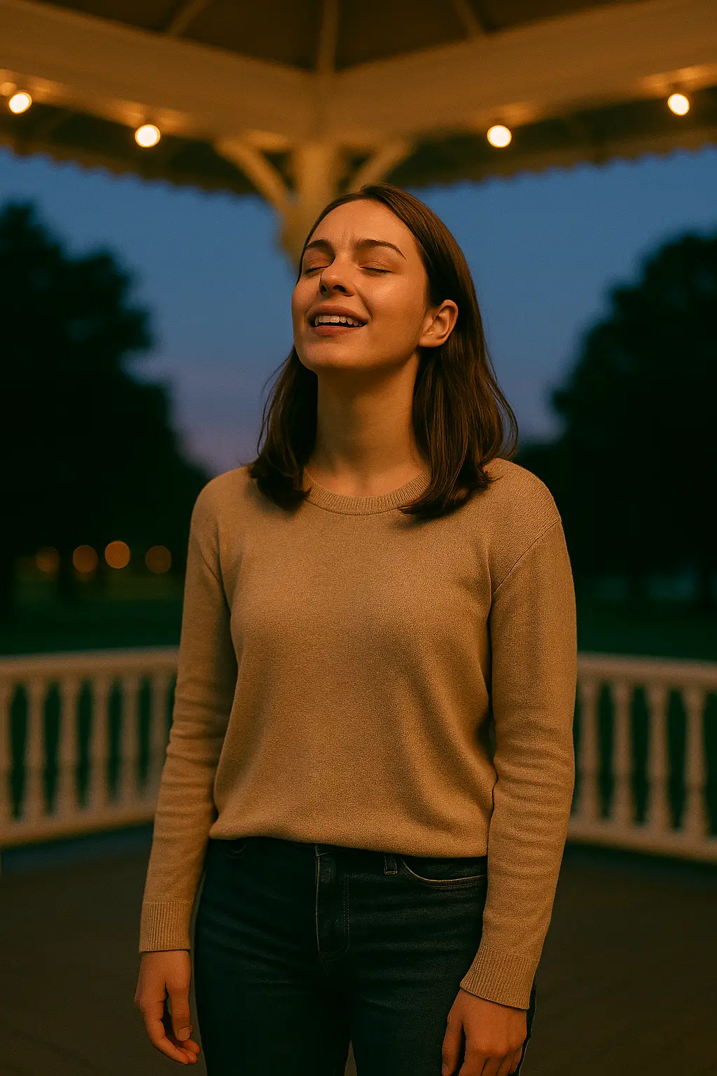 Jovem mulher em pé no Coreto de uma praça ao entardecer, com olhar emocionado e expressão de libertação, representando a coragem de assumir um relacionamento lésbico.