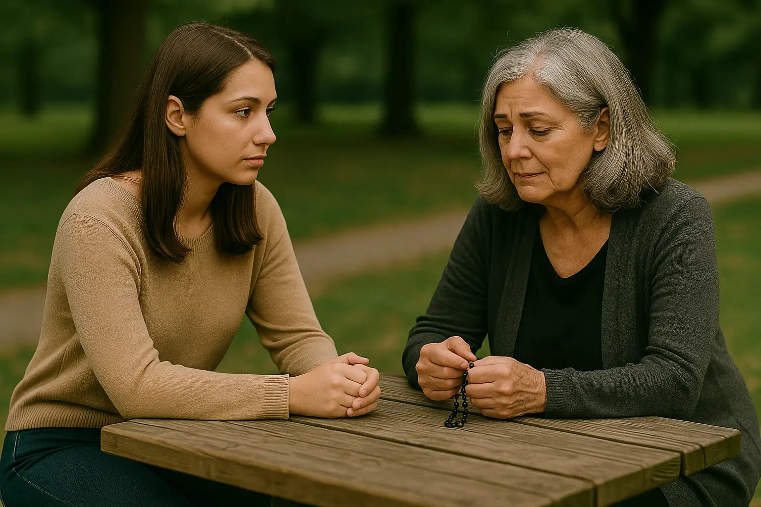 Duas mulheres sentadas frente a frente em uma mesa de praça, trocando olhares de cumplicidade e escuta, representando o processo emocional de aceitação em um relacionamento lésbico.