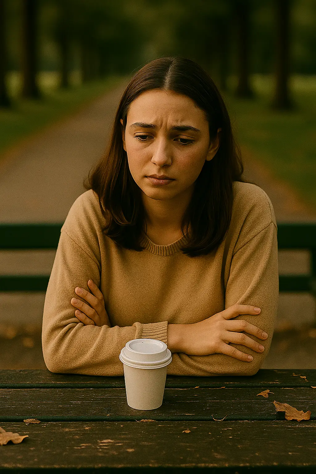 Manuela, jovem mulher com expressão emocional, sentada em uma mesa de praça, com um café nas mãos e olhar perdido, refletindo sobre como saber se é lésbica.