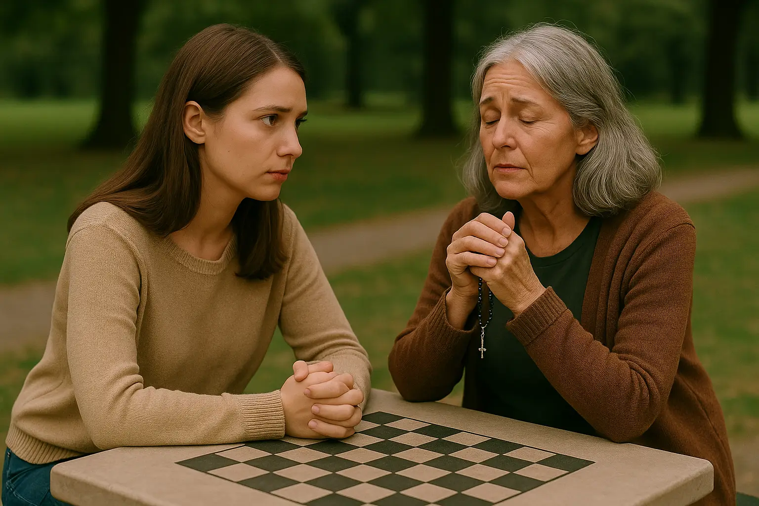 Duas mulheres sentadas em um banco de praça com tabuleiro de xadrez ao centro, trocando olhares de escuta e reflexão, representando as dúvidas e descobertas de um relacionamento lésbico.