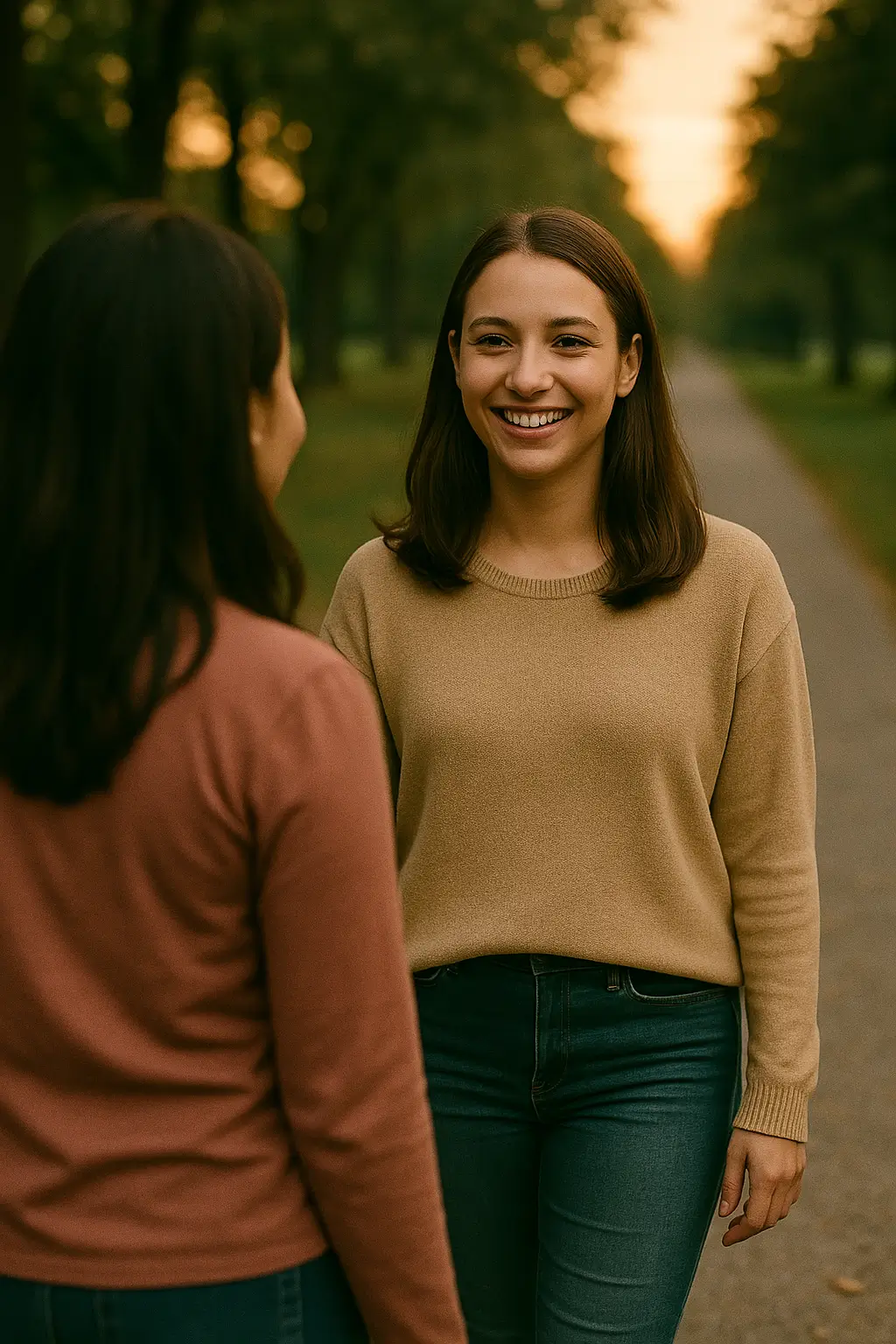 Jovem mulher sorrindo, caminhando na direção do amor da vida dela numa praça arborizada, com expressão de leveza e libertação, representando o direito de viver um relacionamento lésbico sem culpa.