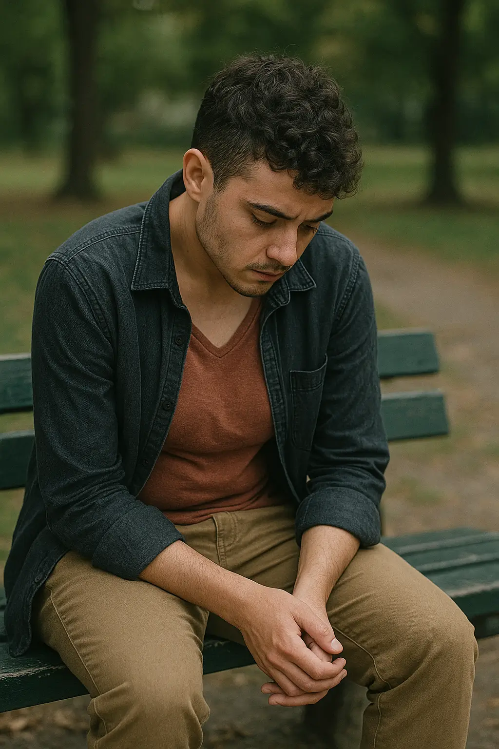 Homem trans com os ombros curvados, sentado em um banco de praça, representando o peso invisível da disforia de gênero.