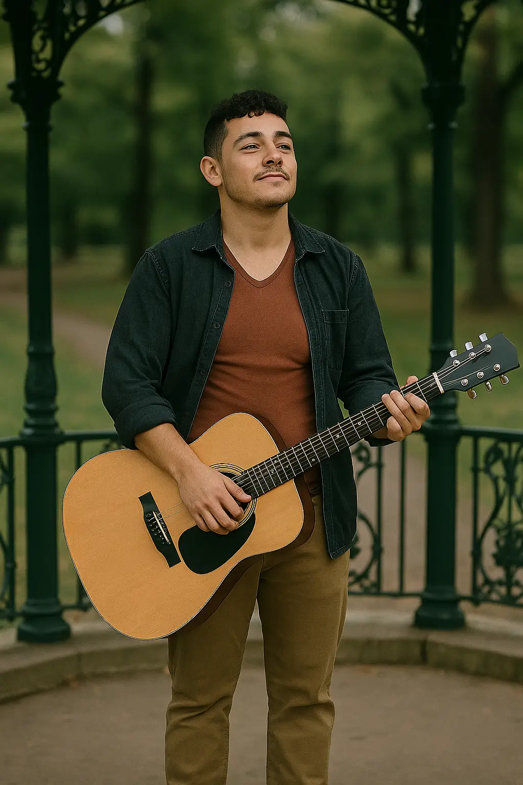 Homem transmasculino com barba rala, pele clara e expressão de orgulho contido, em pé no coreto de uma praça, segurando um violão.