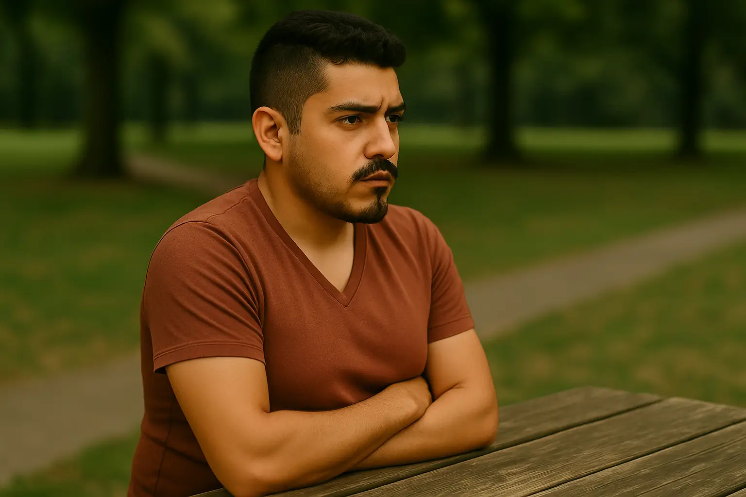 Homem trans com postura ereta e olhar decidido, sentado à mesa de madeira em uma praça, simbolizando o momento de afirmação da própria identidade de gênero.