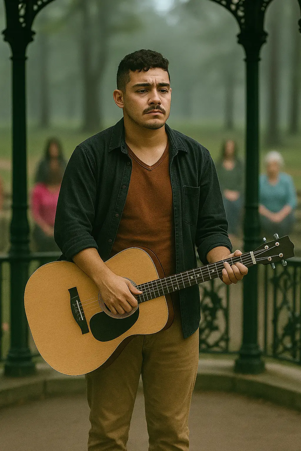 Miguel, homem trans, no coreto da praça com violão nas mãos, parando de cantar após um estalo emocional sobre sua transição de gênero.