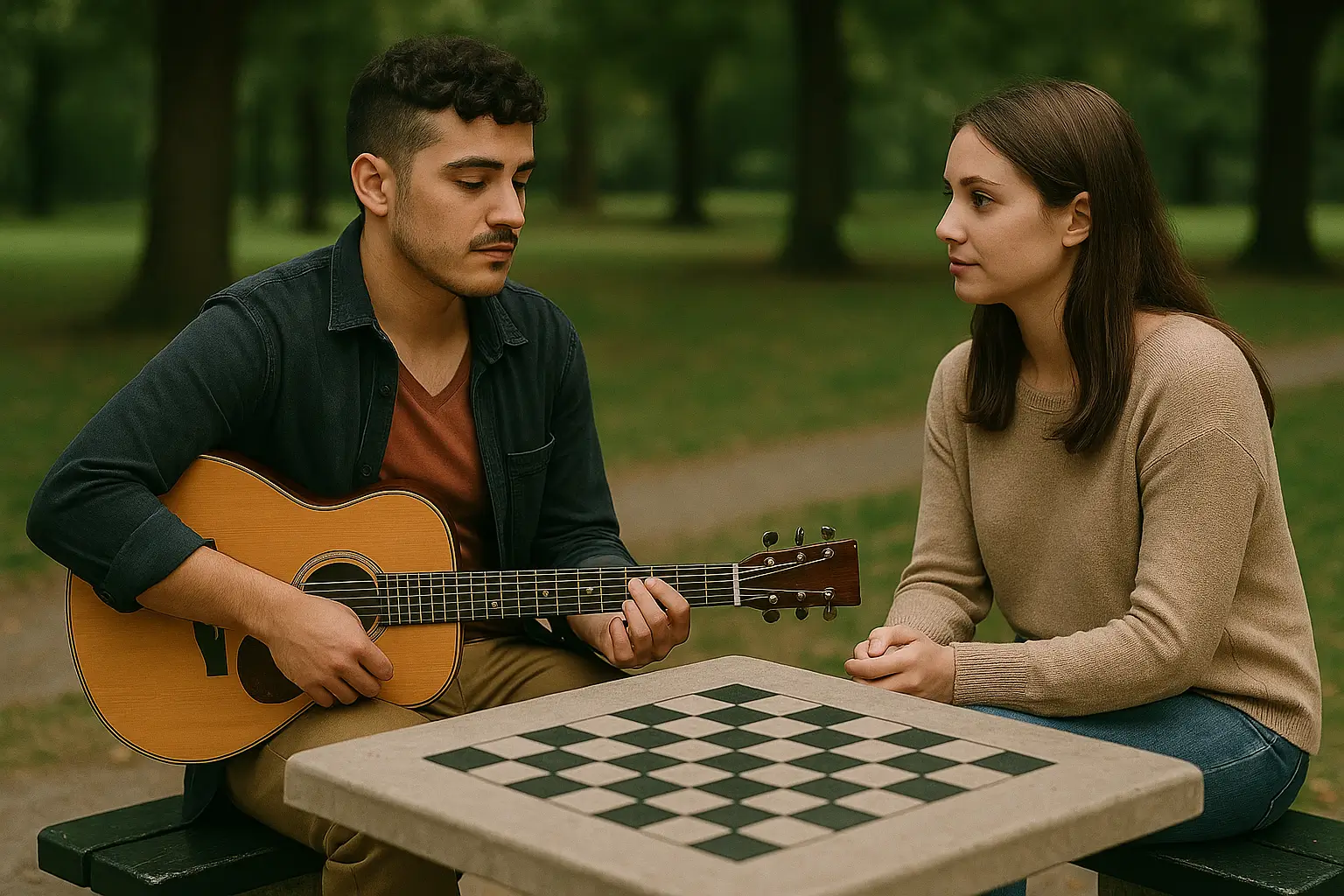 Dois jovens sentados em um banco de praça: um homem trans com violão e uma jovem mulher, compartilhando um momento de escuta e acolhimento emocional, simbolizando o impacto da terapia online.