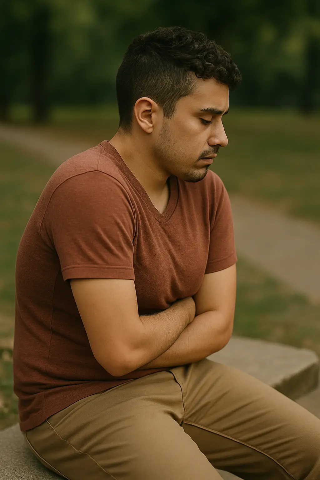 Homem trans de expressão pensativa, sentado em um banco de praça, com os braços cruzados sobre o abdômen, representando o impacto emocional da disforia de gênero.
