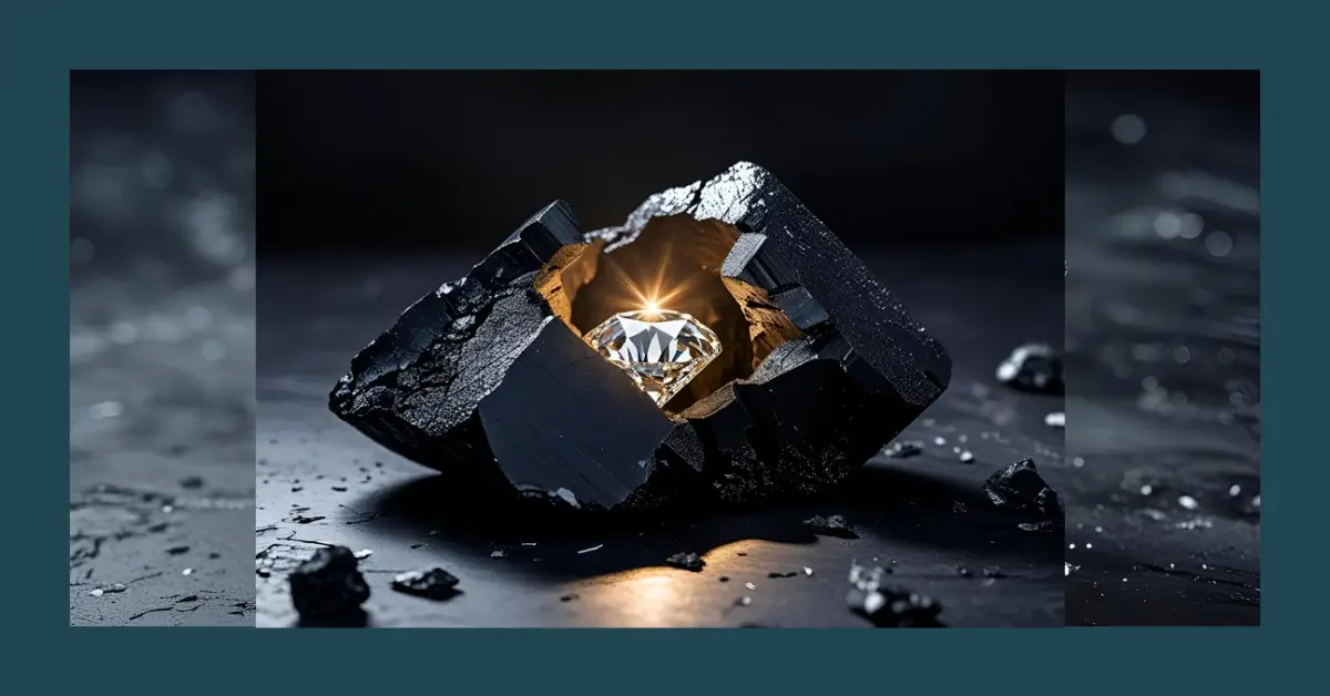 Diamante surgindo de dentro de uma rocha escura, iluminado por uma luz central.