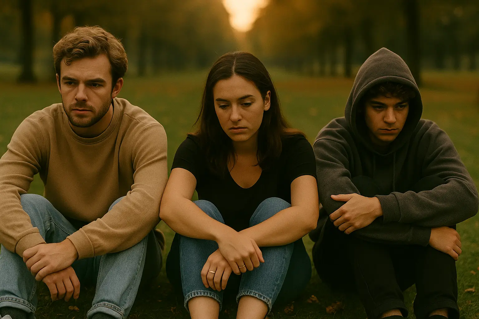 Três jovens com expressões de cansaço emocional, sentados em um gramado, com roupas casuais e postura introspectiva. Imagem representando identidade LGBTQIA+ e a farsa social de caber em rótulos.