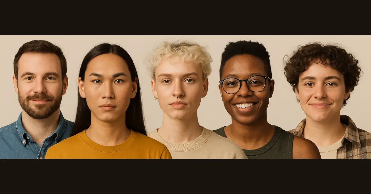 Pessoas diversas com diferentes características físicas, expressões de gênero, estilos, etnias, todas reunidas para representar a variedade da experiência humana.