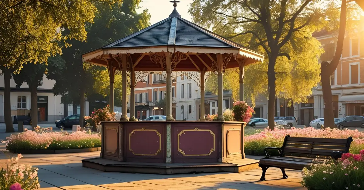 Coreto em uma praça florida ao entardecer, com banco vazio ao lado.