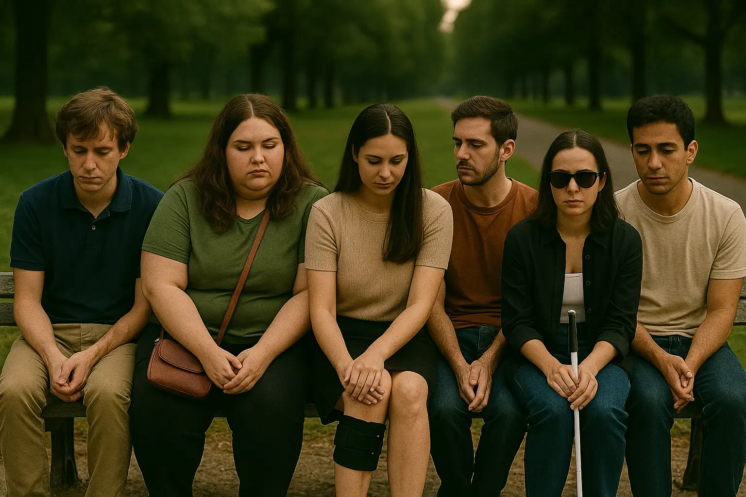 Imagem da diversidade humana, pessoas diferentes enfrentando desafios relacionados a gordofobia, deficiência auditiva e física, e transtornos mentais, representando as dificuldades de se encaixar nos padrões da sociedade.