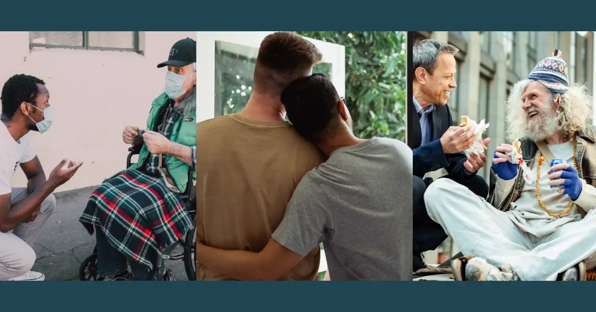 Pessoas em gestos de cuidado, mostrando como é o serviço a Deus na prática diária.