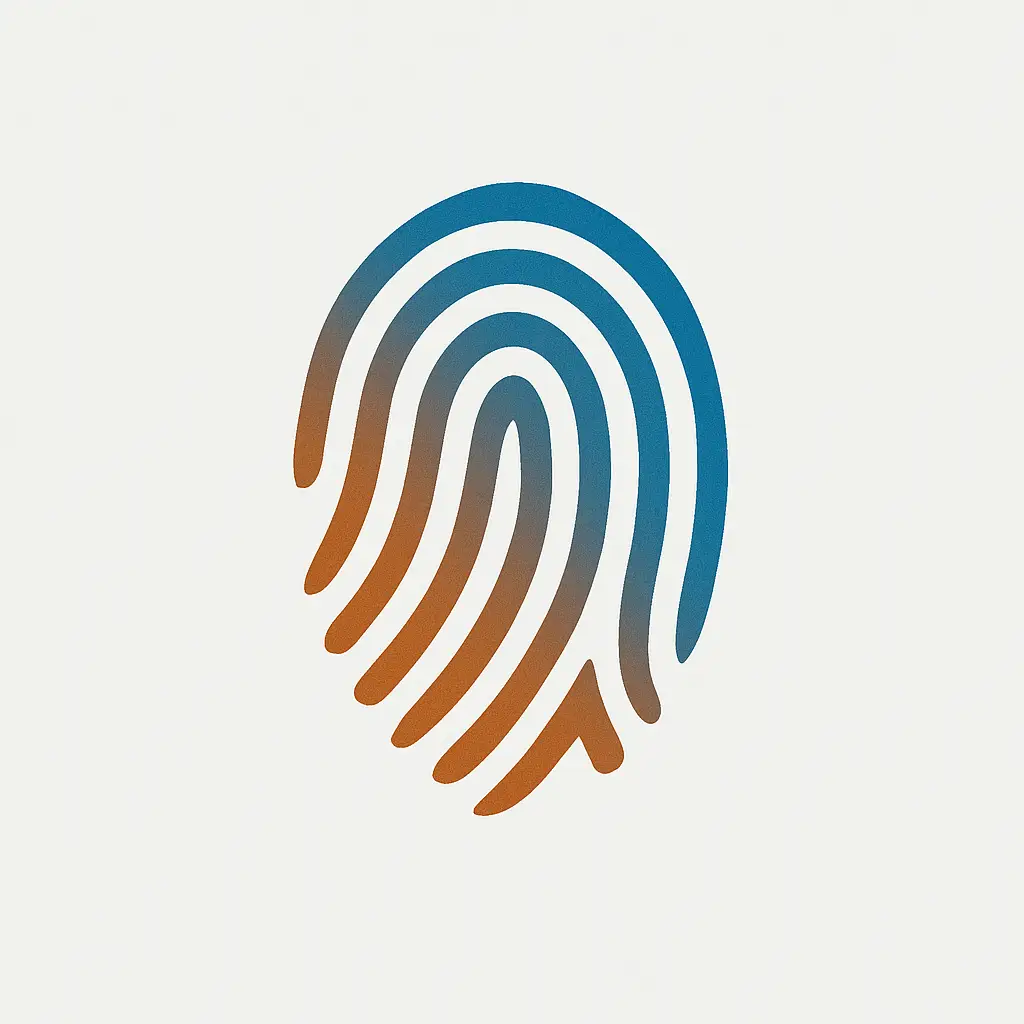 Impressão digital com degradê laranja e azul simbolizando identidade espiritual única e conexão entre o humano e o divino.