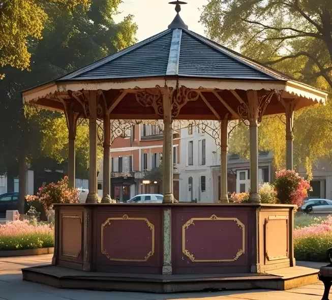 Coreto vazio iluminado ao entardecer, com luz suave entre árvores