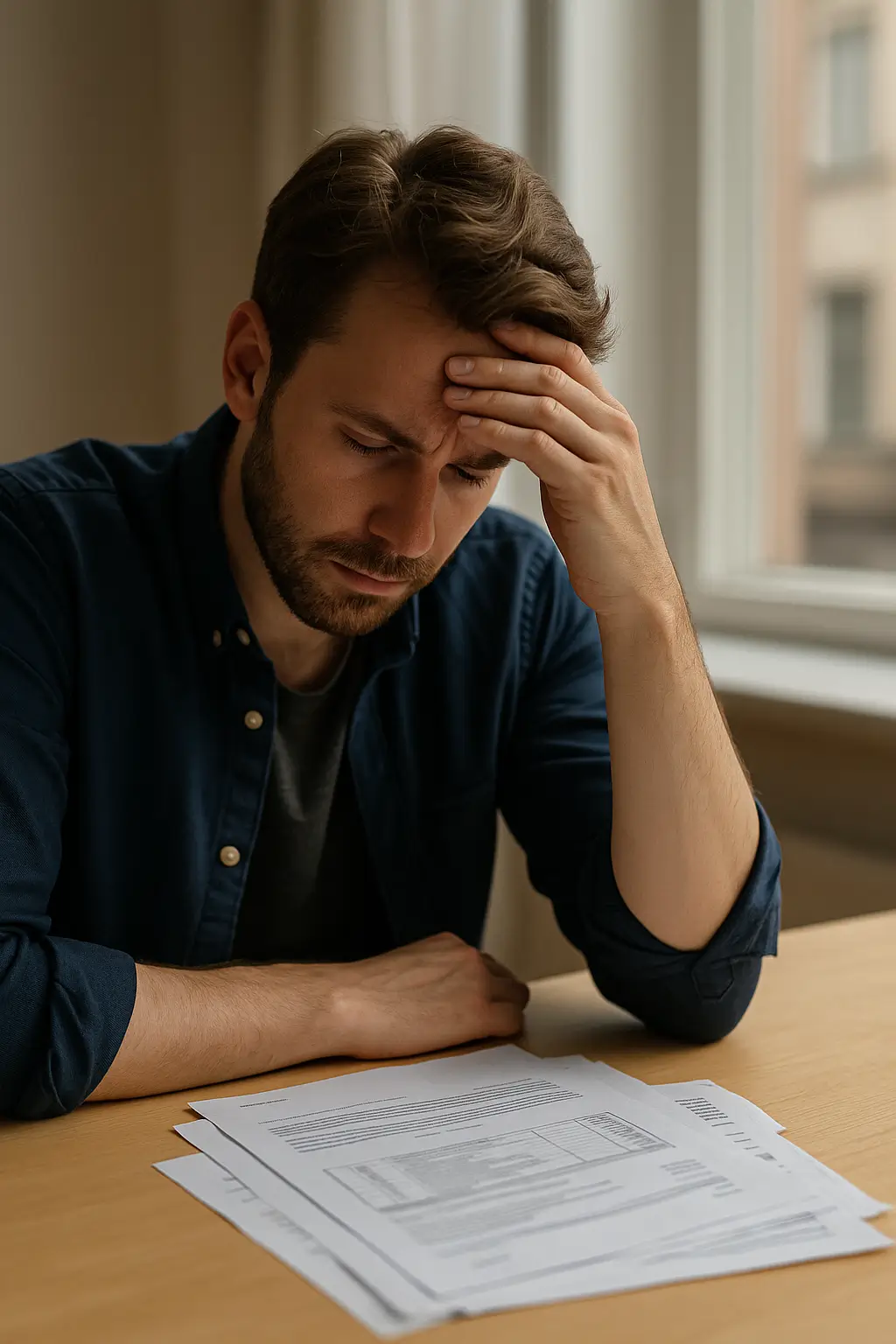 Homem preocupado sentado à mesa, com contas e papéis espalhados, refletindo sobre como ter paz financeira.