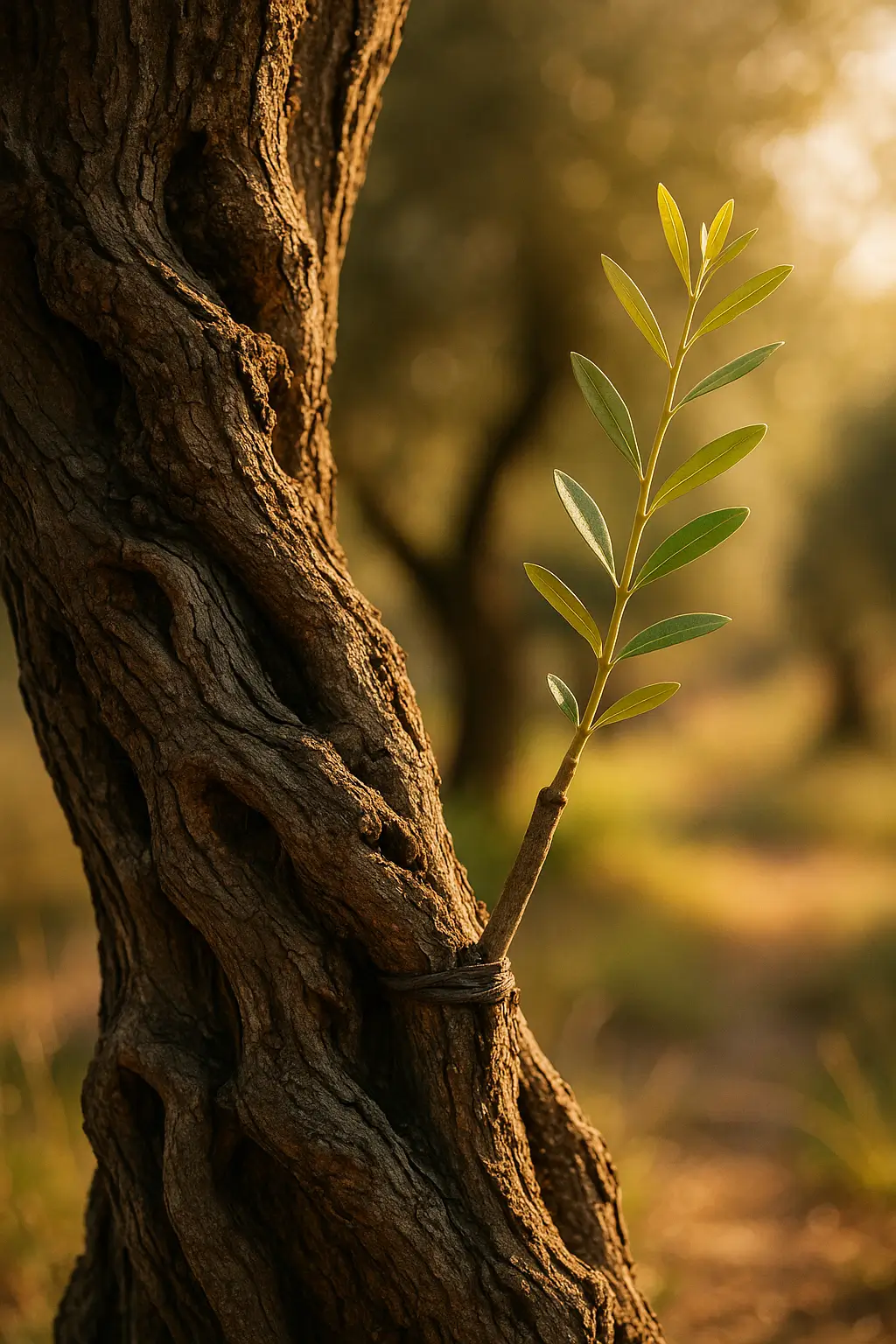 Tronco de oliveira antigo com um novo ramo enxertado, iluminado pelo sol.