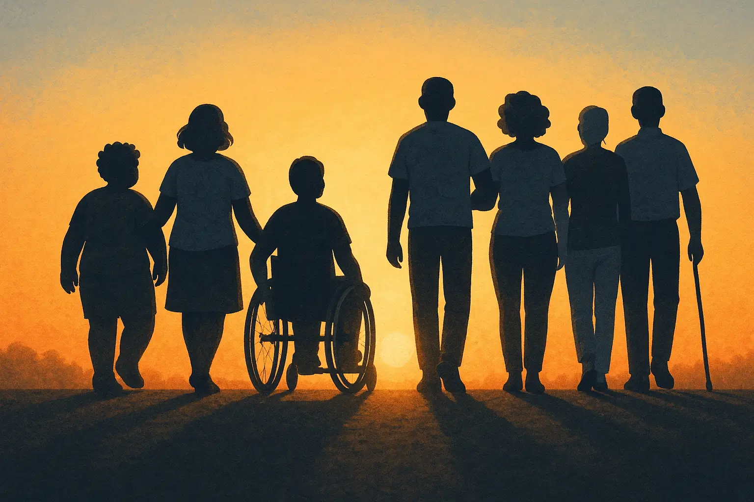 Silhuetas humanas diversas caminhando lado a lado ao entardecer, representando inclusão e empatia.