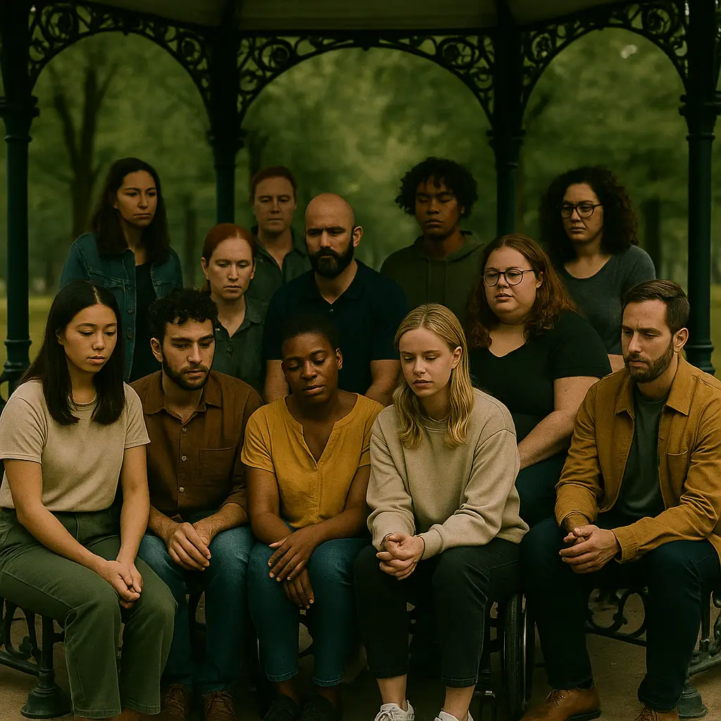 Grupo diverso de pessoas reunidas dentro de um coreto, com expressões de cansaço e silêncio coletivo. Imagem representando o peso de viver identidades negadas.