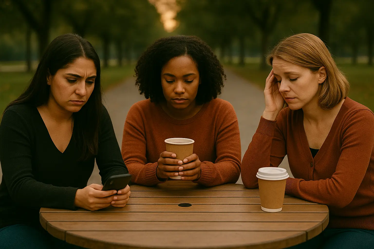 Três mulheres sentadas ao redor de uma mesa de praça, com expressões de cansaço e silêncio emocional. Imagem que simboliza a carga emocional feminina e a farsa da mulher forte.