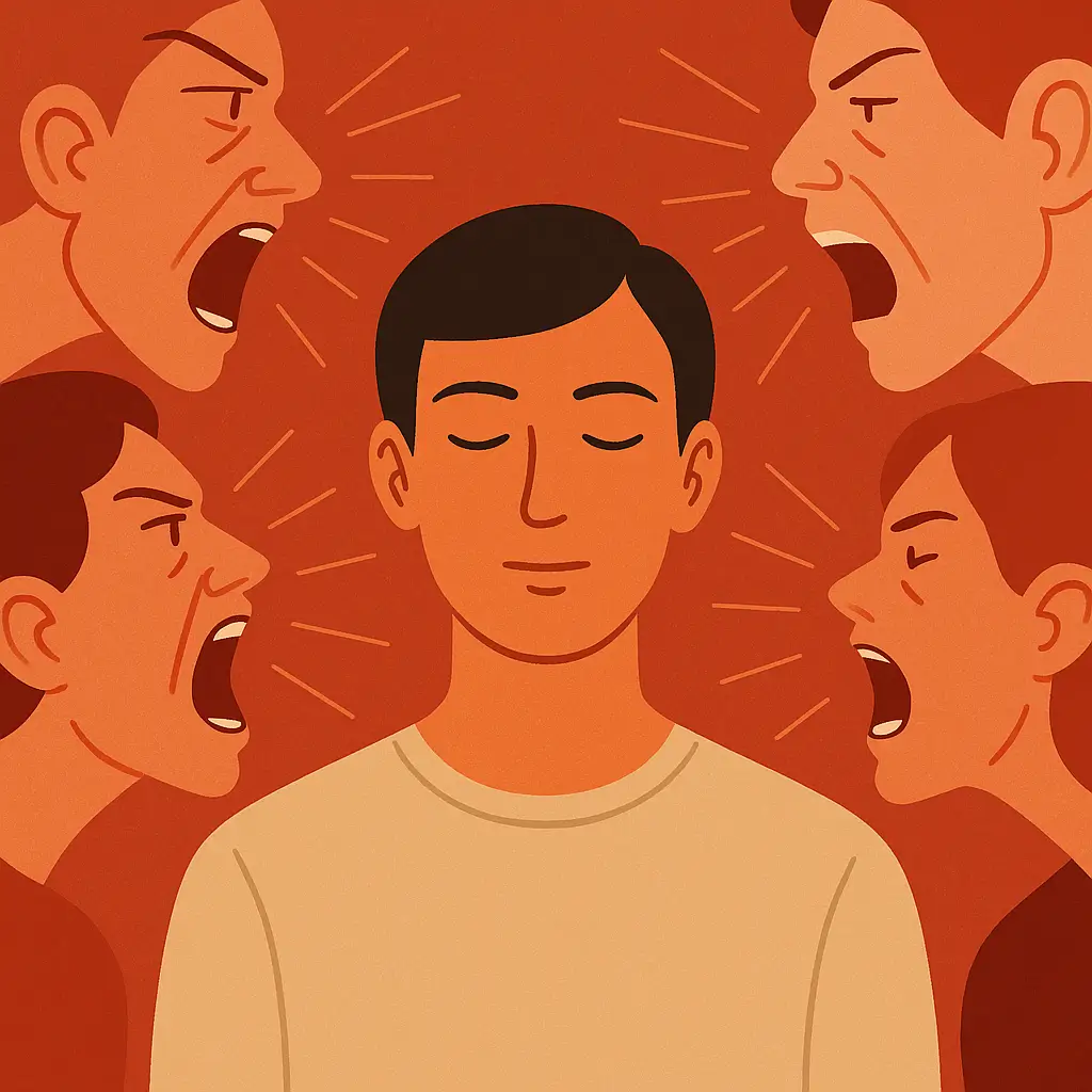 Pessoa serena cercada por vozes julgadoras, simbolizando o impacto do uso equivocado da palavra absurdo.