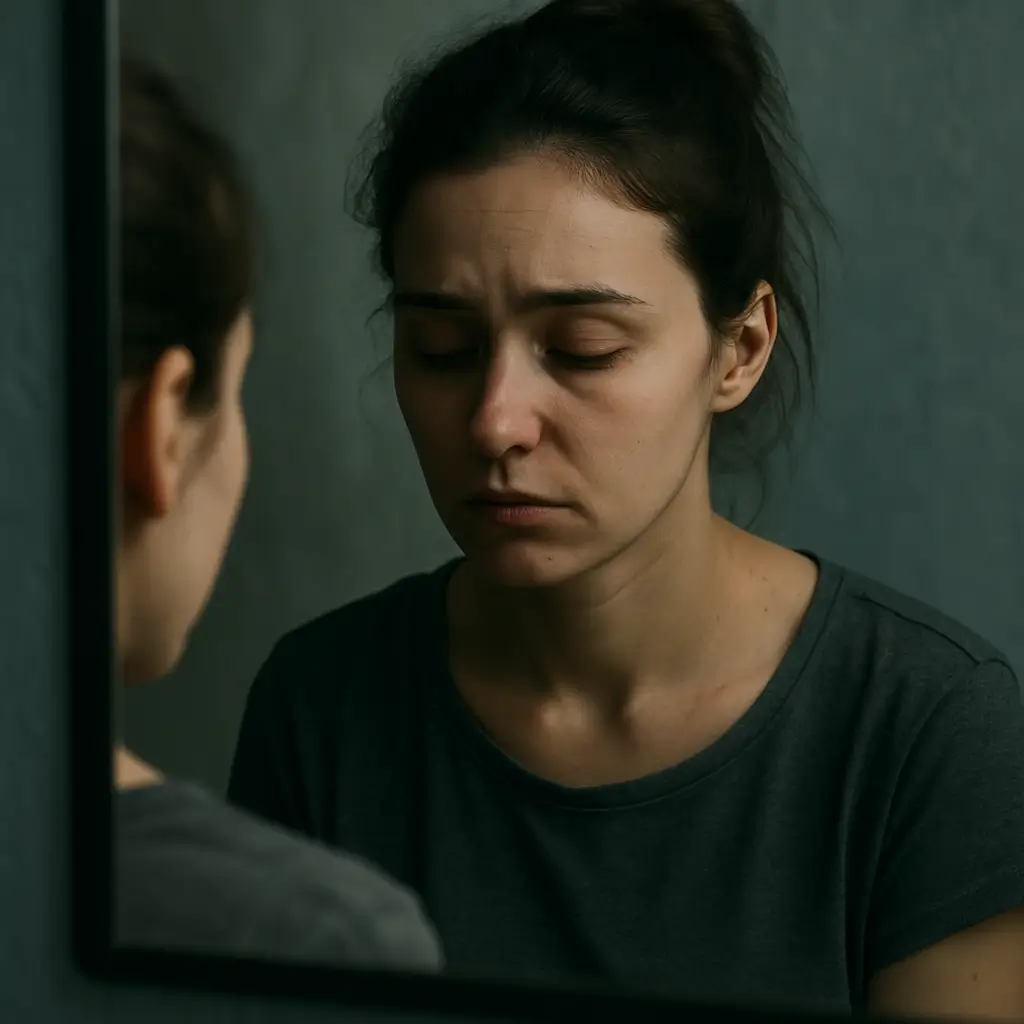 Pessoa olhando o reflexo no espelho com expressão de cansaço e descompasso.
