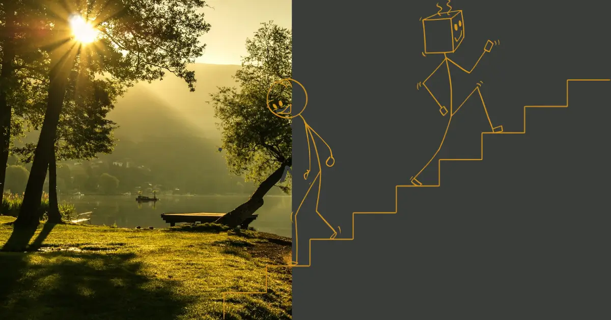 Ilustração dividida entre um ambiente natural ao pôr do sol e dois personagens de traço simples na escada, um subindo rápido, outro descendo devagar as escadas, simbolizando o contraste entre presença humana e automatismo.