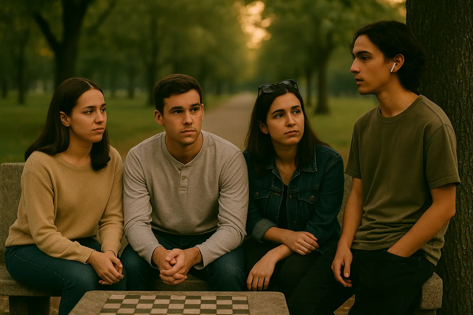 Quatro jovens de perfis diversos reunidos ao redor de um banco de praça, com expressões de cansaço emocional e introspecção. A cena representa a dor de não ser quem realmente são, refletindo questões de identidade e saúde emocional.