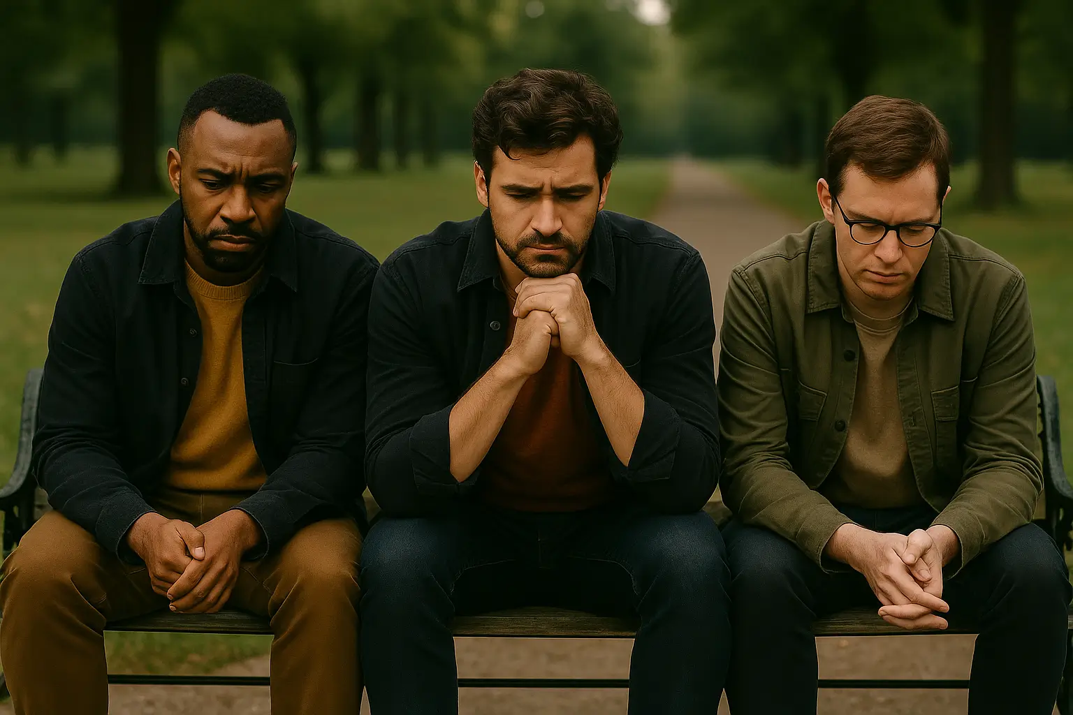 Três homens de diferentes perfis sentados em um banco de praça, com expressões de cansaço, silêncio e exaustão emocional. Imagem que representa o peso da saúde mental masculina e da obrigação social de parecer forte.