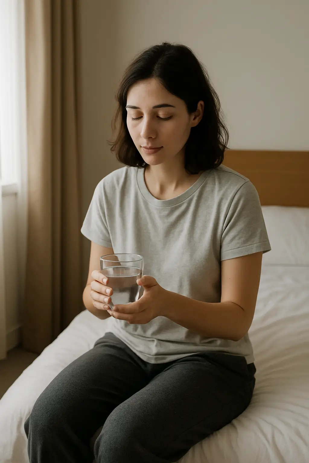 Pessoa sentada à beira da cama, segurando uma caneca de água, em gesto simples de autocuidado.