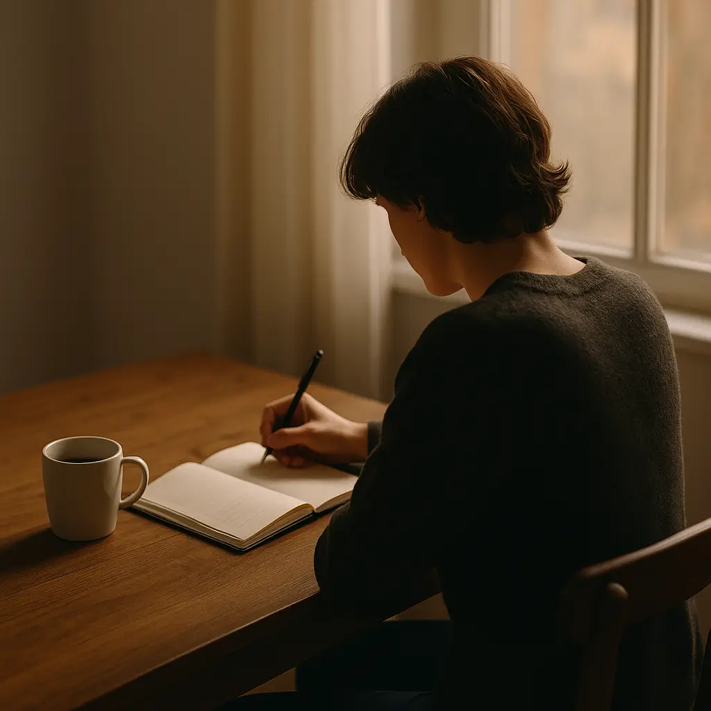 Pessoa sozinha à mesa, escrevendo em um caderno com uma xícara de café ao lado, luz suave entrando pela janela, simbolizando o início de novos hábitos e a prática da consistência.